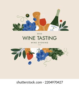 La variedad de aperitivos de vino. Plantilla de diseño de época. Ilustración vectorial.