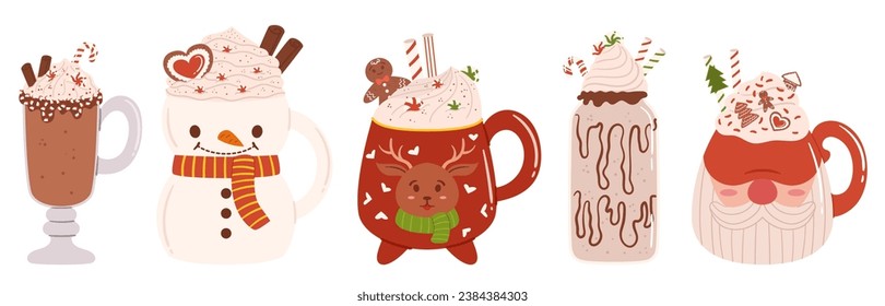 Assortment Of Winter Beverages. Steaming Mugs Adorned For The Holiday Season. Enjoy Hot Cocoa With Marshmallows, Creamy Coffee, And Spiced Hot Chocolate In Decorative Cups. Cartoon Vector Illustration