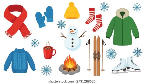 Surtido de artículos esenciales de invierno, incluyendo una bufanda, guantes, sombrero, calcetines, chaqueta, suéter, bebida caliente, muñeco de nieve, fogata, esquís y patines de hielo.