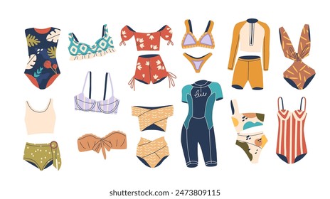 Assortment Of Women Swimsuits, Bikinis And Beachwear In Various Styles And Patterns. Collection Includes One-piece Suits