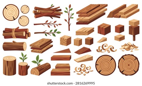 Assortment of wood materials including logs branches planks cubes shavings and firewood. Natural material for construction and fuel.
