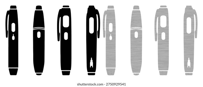 Assortment of writing tools, pens and markers, black and gray, minimalist style