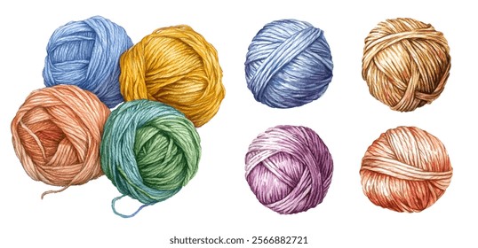 Assortment of yarn balls in various colors. Soft textured appearance of the yarns vector illustration. Wool thread balls for knitting, crocheting, needlework. Angora thread, cotton yarn, merino