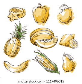 Assortment Of Yellow Foods, Fruit And Vegtables, Vector Sketch