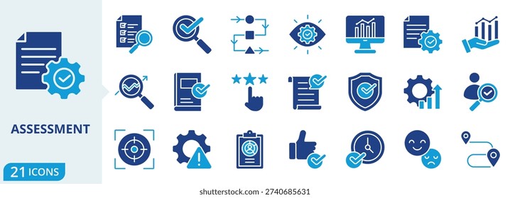 asssessment flat icon pack collection of analysis, appraisal, audit, benchmark, calibration, check, comparison, compliance, diagnostics, evaluation icon