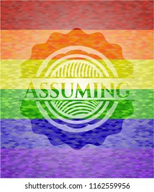 Assuming emblem on mosaic background with the colors of the LGBT flag