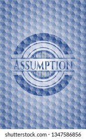 Assumption blue emblem or badge with geometric pattern background.