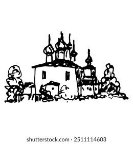 Assumption cathedral of Zheltikov monastery near Tver, Russia. Orthodox temple. Old Russian architecture. Hand drawn linear doodle rough sketch. Black and white silhouette.