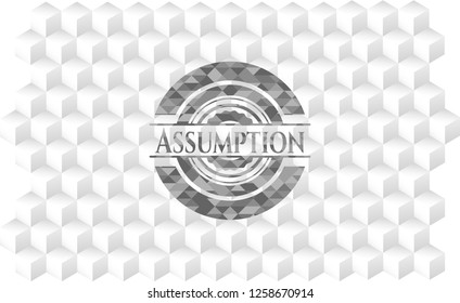 Assumption grey badge with geometric cube white background