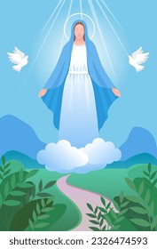 Assumption jf Mary.Feast of the immaculate conception. Holy Mother of God in the clouds. Can be used for holidays design in Christian communities.Vector illustration