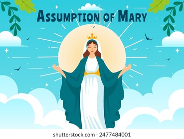 Asunción de la Ilustración vectorial cristiana de María con la fiesta de la Santísima Virgen con palomas y ángeles en el cielo en un fondo plano