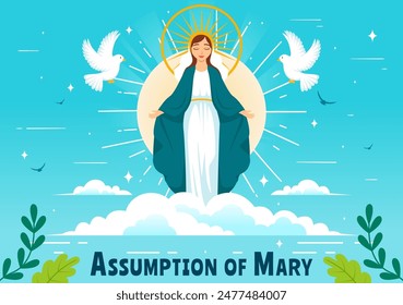 Asunción de la Ilustración vectorial cristiana de María con la fiesta de la Santísima Virgen con palomas y ángeles en el cielo en un fondo plano