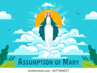 Asunción de la Ilustración vectorial cristiana de María con la fiesta de la Santísima Virgen con palomas y ángeles en el cielo en un fondo plano