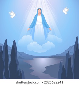 Assumption of Mary. Feast of the immaculate conceptionBlessed Virgin Mary or Mother of God .Vector illustration for Christian and Catholic communities, design, decoration of religious holidays,