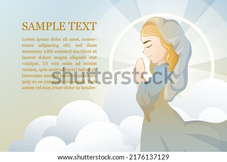 Assumption of Mary praying in the heaven light art cartoon 