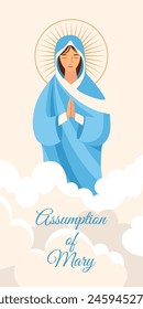 Assumption of Mary Vector Illustration. Blessed Virgin in Heaven in Flat style, Hand Drawn 