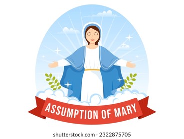 Asunción de la ilusión vectorial Mary con fiesta de la bendita Virgen y palomas en el cielo con dibujos a mano dibujados plantillas de fondo