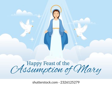 Assumption of Mary Vector Illustration with Feast of the Blessed Virgin and Doves in Heaven in Flat Cartoon Hand Drawn Background Templates