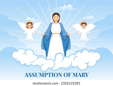 Assumption of Mary Vector Illustration with Feast of the Blessed Virgin and Doves in Heaven in Flat Cartoon Hand Drawn Background Templates