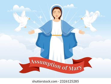 Asunción de la ilusión vectorial Mary con fiesta de la bendita Virgen y palomas en el cielo con dibujos a mano dibujados plantillas de fondo