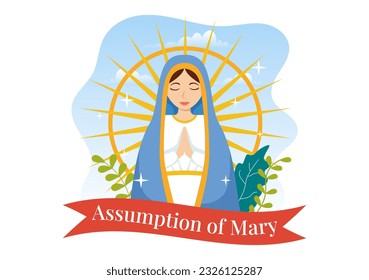 Assumption of Mary Vector Illustration with Feast of the Blessed Virgin and Doves in Heaven in Flat Cartoon Hand Drawn Background Templates