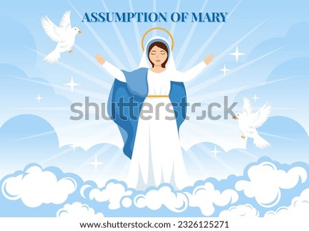 Assumption of Mary Vector Illustration with Feast of the Blessed Virgin and Doves in Heaven in Flat Cartoon Hand Drawn Background Templates