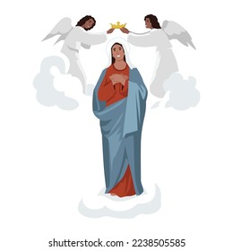 Assumption virgin mary and doves, image. Flat vector illustration isolated on white background