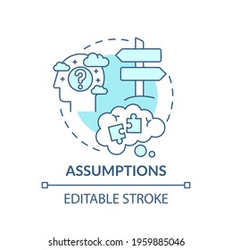 Assumptions blue concept icon. Proof for theory. Presumption, problem with critical thinking. Mental block idea thin line illustration. Vector isolated outline RGB color drawing. Editable stroke