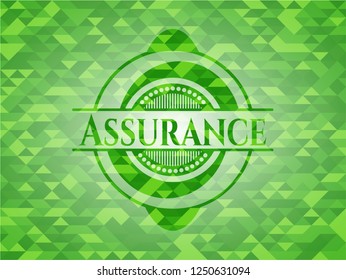 Assurance green emblem with mosaic ecological style background