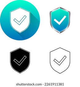 Assurance Guarantee Warranty Shield Icon Set of Flat Long Shadow, Color, Black-White Silhouette, Line Art Logo Symbol Isolated on White Background