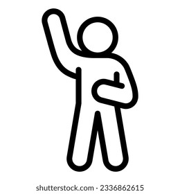 Assurance or hello pose line icon. Man with his right hand raised up outline style pictogram on white background. Stick figure waving with hand for mobile concept and web design. Vector graphics