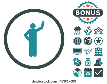 Assurance icon with bonus design elements. Vector illustration style is flat iconic bicolor symbols, soft blue colors, white background.