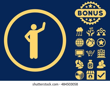 Assurance icon with bonus design elements. Vector illustration style is flat iconic symbols, yellow color, blue background.