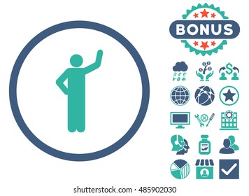 Assurance icon with bonus pictures. Vector illustration style is flat iconic bicolor symbols, cobalt and cyan colors, white background.