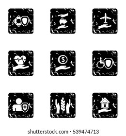 Assurance icons set. Grunge illustration of 9 assurance vector icons for web