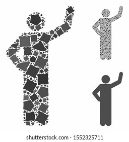 Assurance pose composition of tuberous pieces in different sizes and color tones, based on assurance pose icon. Vector tuberous pieces are composed into mosaic.