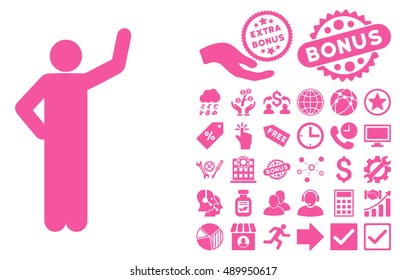 Assurance Pose icon with bonus elements. Vector illustration style is flat iconic symbols, pink color, white background.