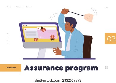 Assurance program online service landing page with man software tester at computer fixing bugs