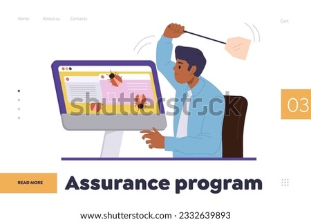 Assurance program online service landing page with man software tester at computer fixing bugs