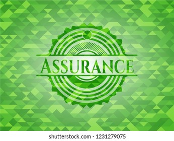 Assurance realistic green emblem. Mosaic background