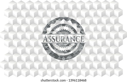 Assurance realistic grey emblem with cube white background