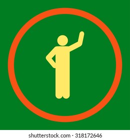 Assurance vector icon. This rounded flat symbol is drawn with orange and yellow colors on a green background.