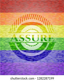 Assure emblem on mosaic background with the colors of the LGBT flag