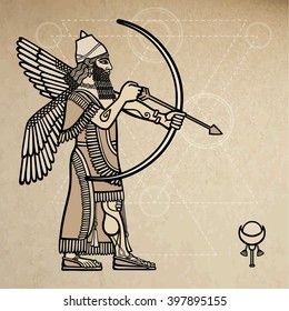 Assyrian archer.  Background - imitation of old paper.