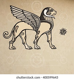Assyrian chimera winged ram. Background - imitation of old paper.