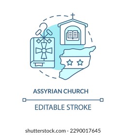 Assyrian church turquoise concept icon. Arab countries culture. Christian confession abstract idea thin line illustration. Isolated outline drawing. Editable stroke. Arial, Myriad Pro-Bold fonts used