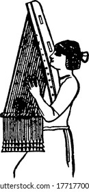 An Assyrian Harp, played by a woman, vintage line drawing or engraving illustration.