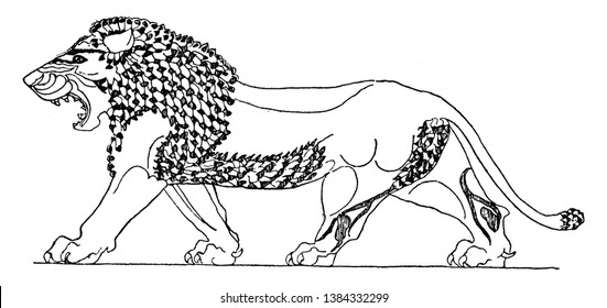 Assyrian Lion is on a glazed clay slab at a royal palace in Khorsabad, vintage line drawing or engraving illustration.