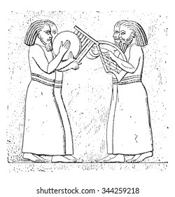 Assyrian musicians, (from after a relief of Kuyunjik), vintage engraved illustration. Private life of Ancient Antique family 1881.
