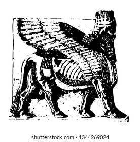 Assyrian Sculpture Is An Assyrian Winged Bull From Khorsabad Vintage Line Drawing Or Engraving Illustration.